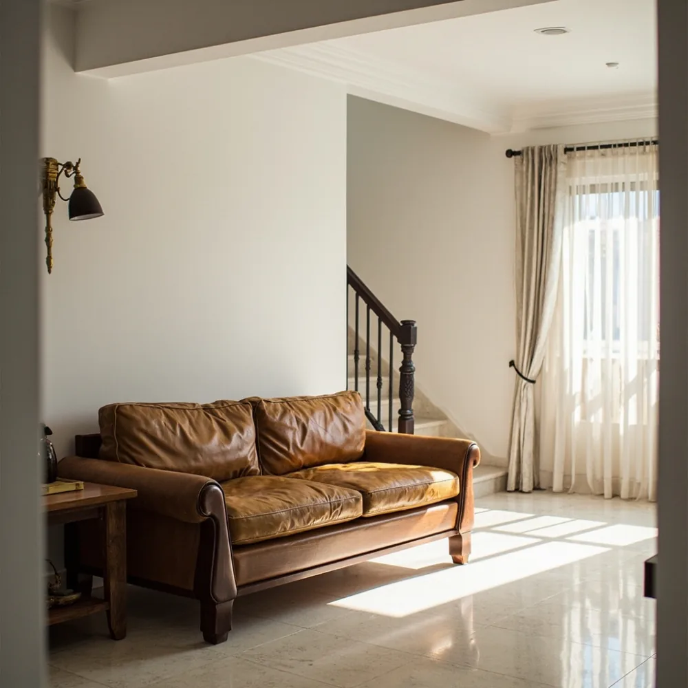 Sofa Amerika mewah walnut di teres Johor Bahru dengan tangga sempit