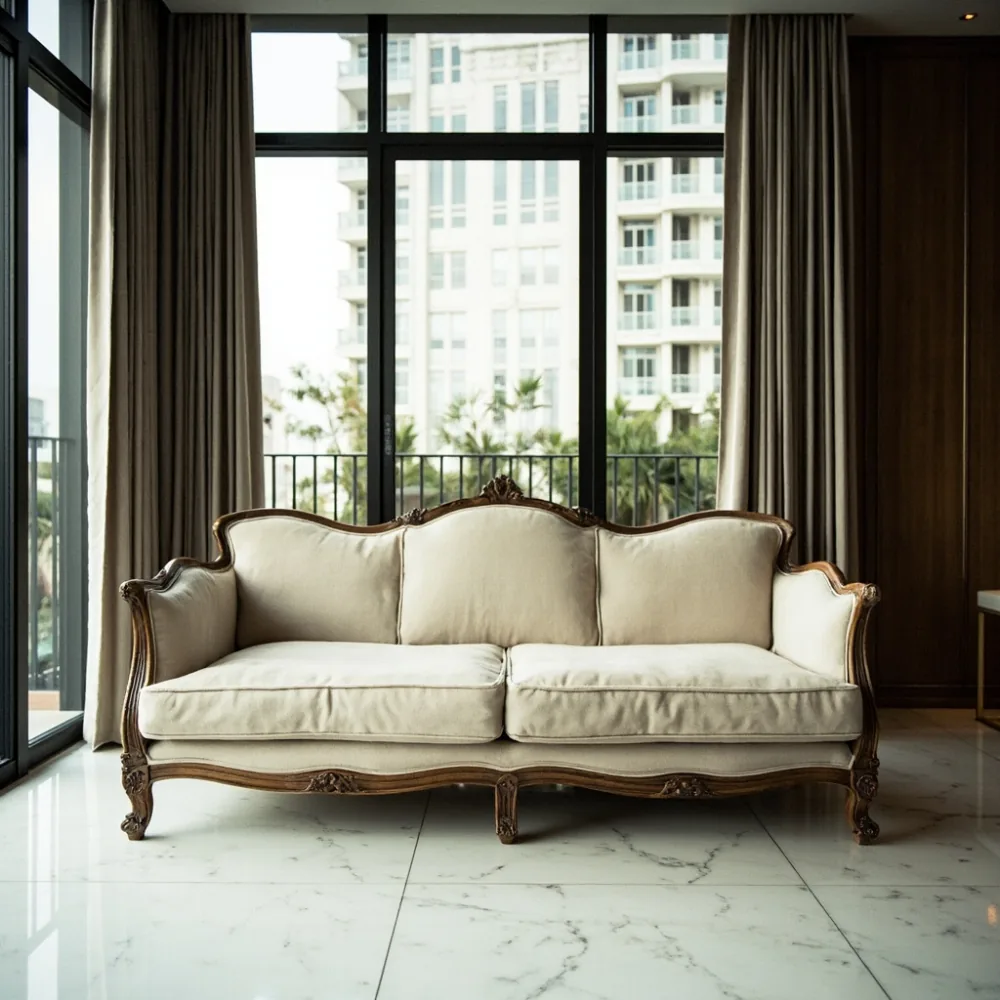 Sofa my Perancis mewah berwarna champagne di ruang tamu kondominium Kuala Lumpur dengan cahaya semula jadi dari tingkap penuh