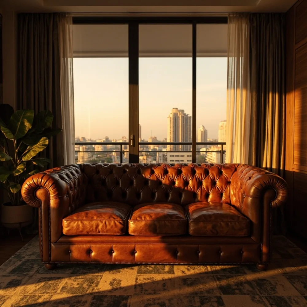 Sofa my Amerika Chesterfield kulit cognac di kondominium Mont Kiara dengan pencahayaan hangat senja