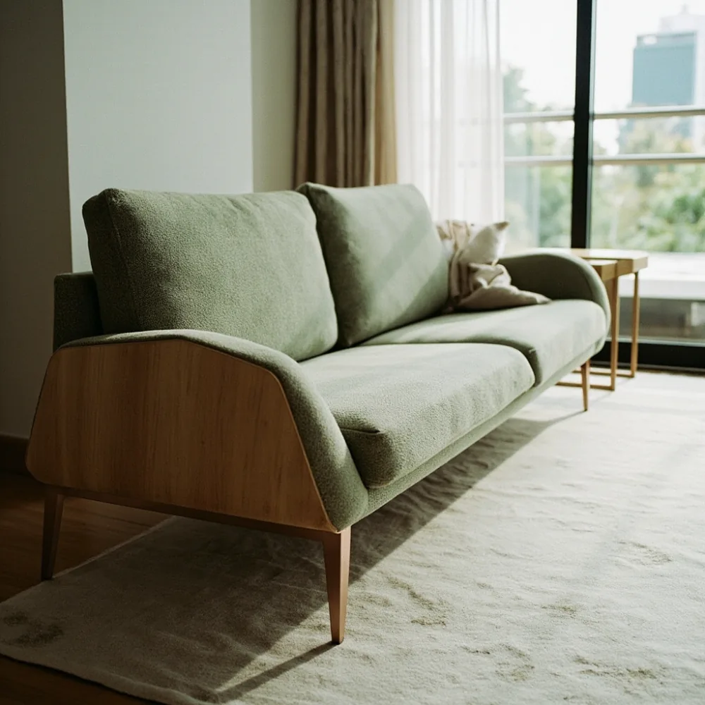 Sofa kayu pepejal postmoden geometri tidak simetri di kondominium Pulau Pinang dengan fabrik boucle