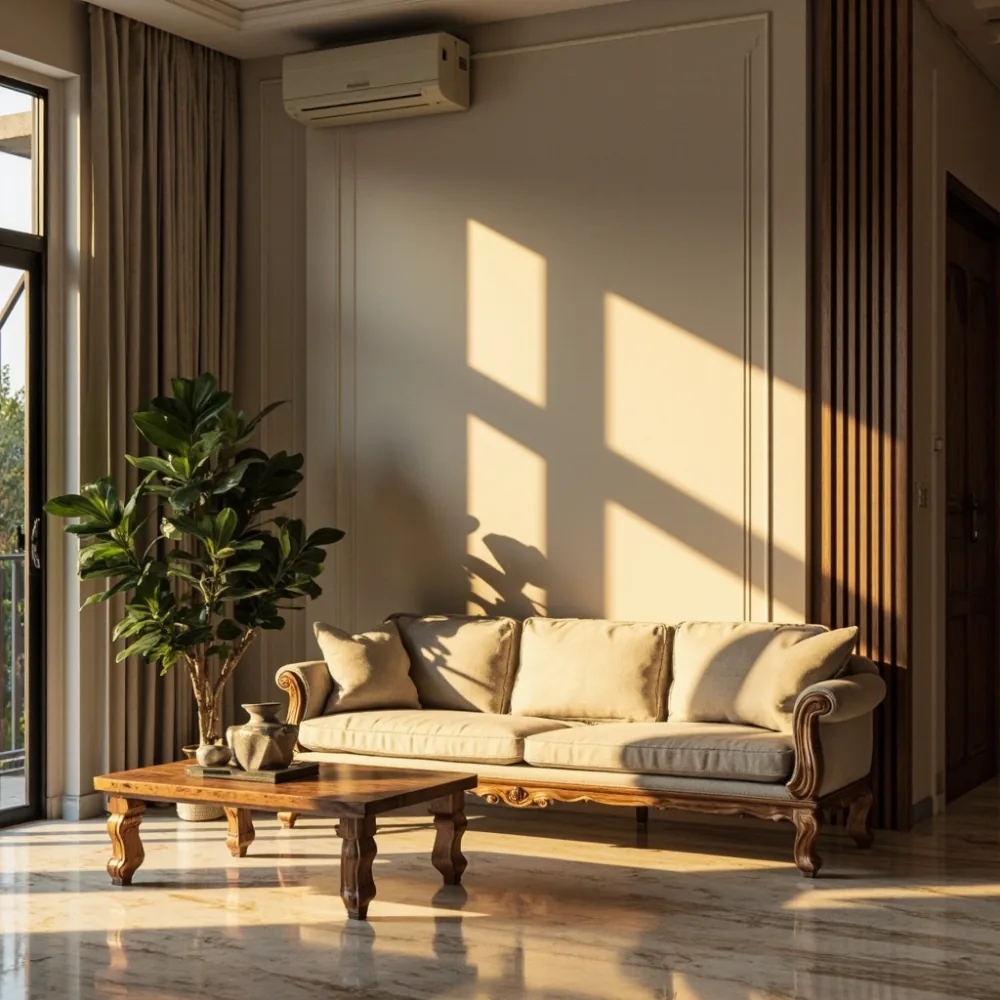Sofa kayu pepejal gaya mewah Perancis dalam ruang tamu kondominium Malaysia