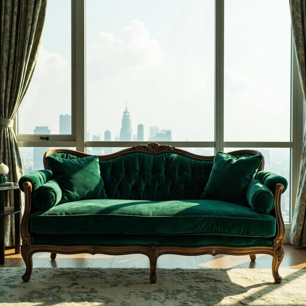 Sofa Louis XV baldu zamrud di kondominium Kuala Lumpur dengan pemandangan KLCC