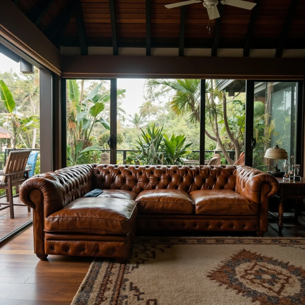 Sofa Chesterfield kulit cognac di teres Pulau Pinang dengan taman tropika