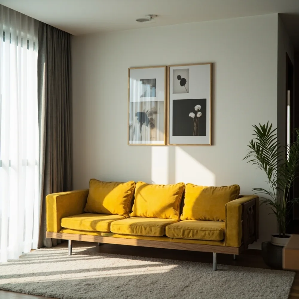 Sofa postmoden mustard dengan kaki logam di kondominium Johor Bahru
