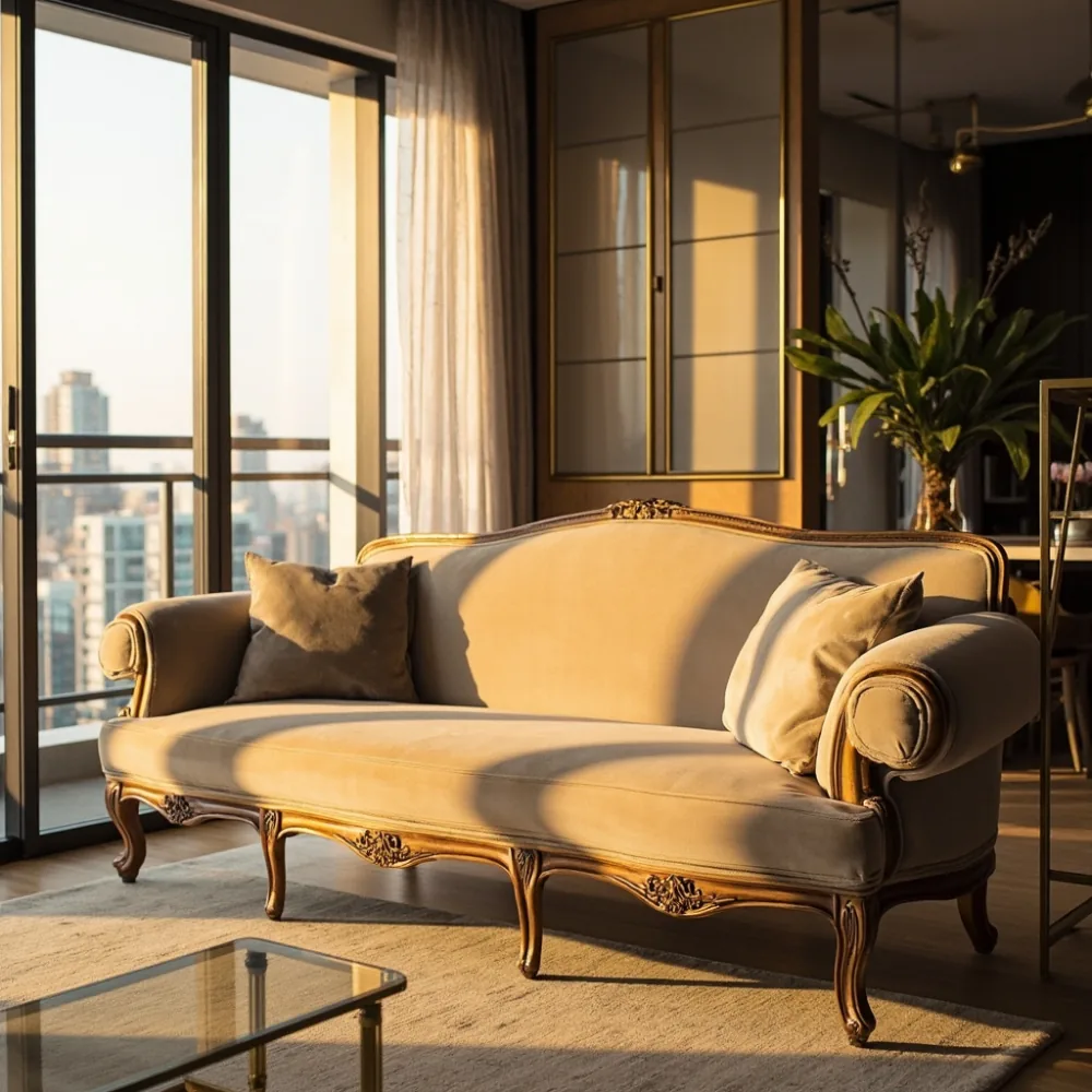 Sofa gaya Perancis upholsteri baldu champagne dalam ruang tamu kondominium Kuala Lumpur dengan jendela kaca penuh