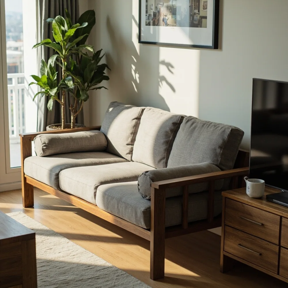 Sofa Amerika deep seat dengan headrest boleh laras dalam ruang tamu teres Johor Bahru berkonsepkan minimalis