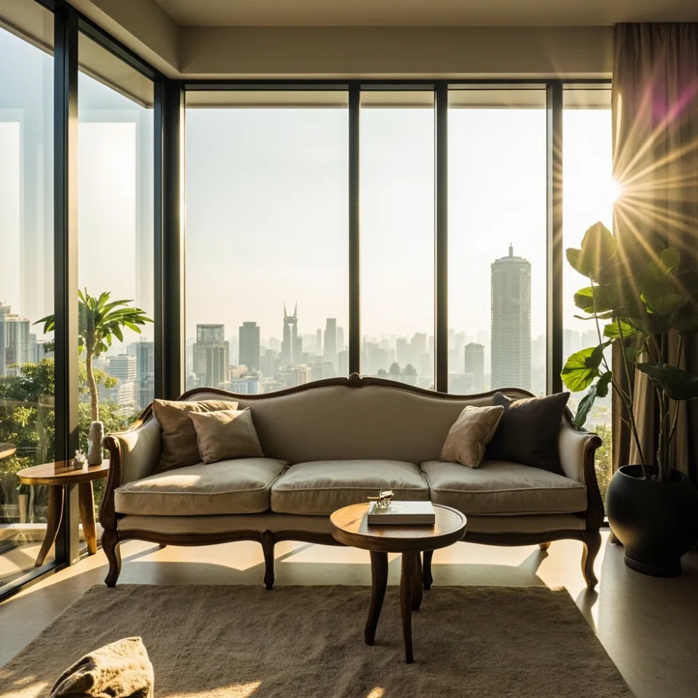 Sofa my kayu pepejal gaya mewah Perancis dalam ruang tamu kondominium tropika Kuala Lumpur dengan cahaya semula jadi