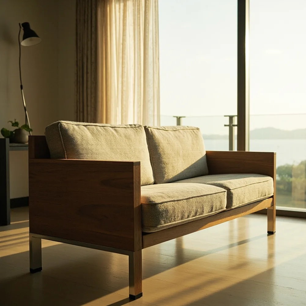 Sofa my kayu pepejal postmoden dengan fabrik boucle di kondominium minimalis Pulau Pinang dengan pemandangan laut