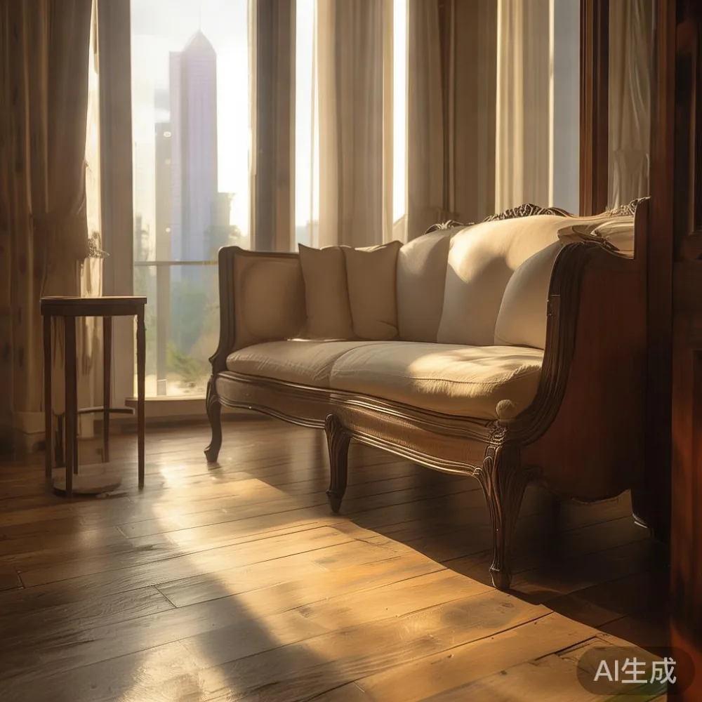 Sofa kayu pepejal gaya Perancis di ruang tamu kondominium Kuala Lumpur