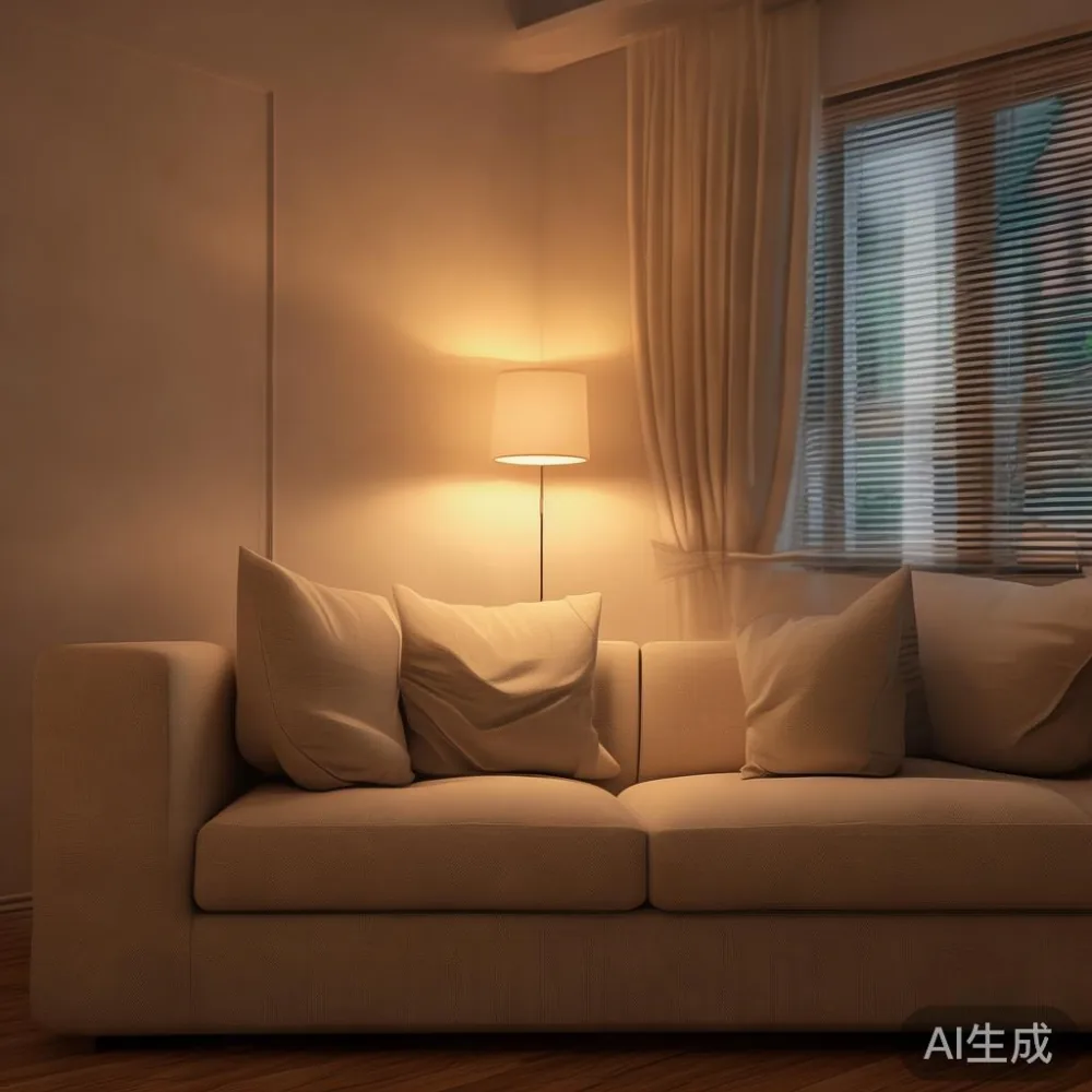 Cara Padankan Perabot Kayu Pepejal Dengan Gaya Minimalis Humat di Kond — room setting at dusk with warm lamp light, film 