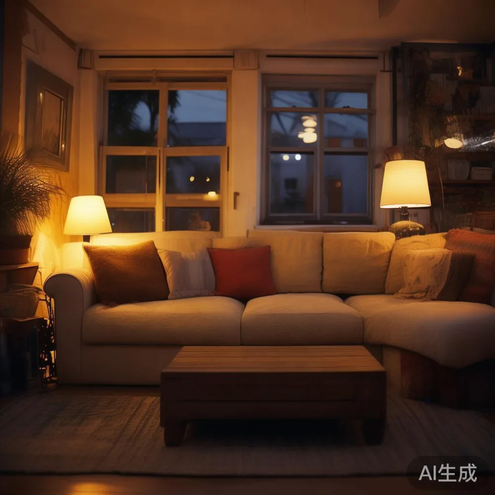 Gaya Sofa My: Cara Hias Pangsapuri Kecil Tanpa Rasa Sesak — room setting at dusk with warm lamp light, film