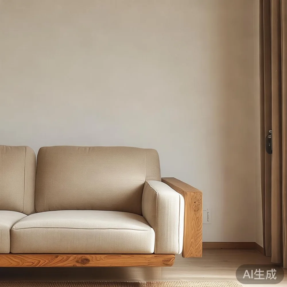 Cara Memadankan Perabot Kayu Pepejal MIDHILL dengan Minimalis Hangat d — staged against a plain wall with a linen sofa ne