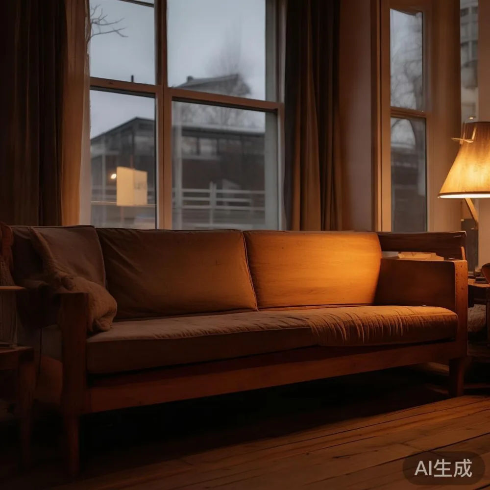 Menjaga Permukaan Lak Sofa Kayu Pepejal Anda di Iklim Tropika — room setting at dusk with warm lamp light, film 