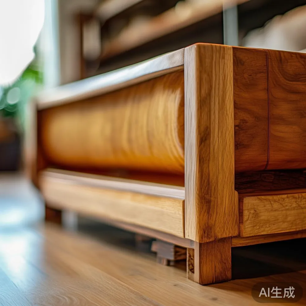 Penjagaan Permukaan Lakier untuk Sofa Kayu Pepejal di Iklim Tropika Ma — detail of the base and leg construction on a bed