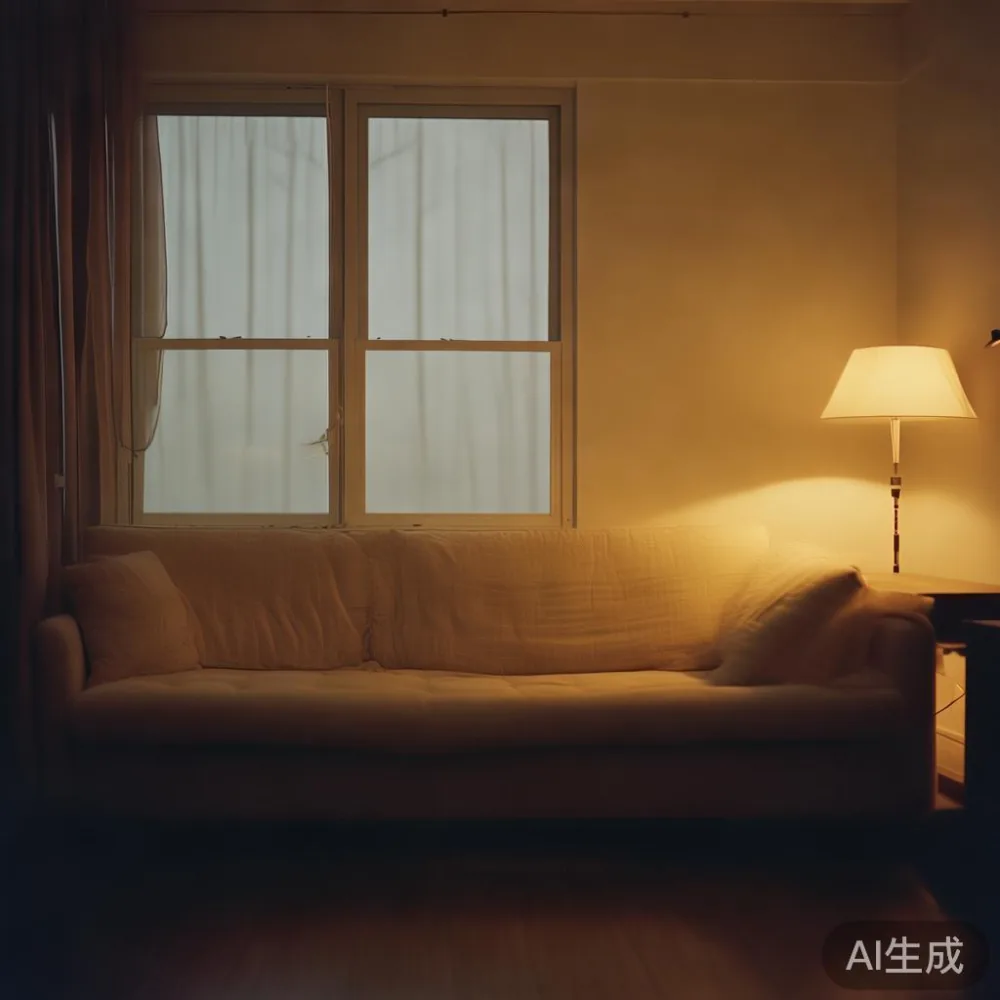 Cara Padankan Perabot Kayu Untuk Ruang Minimalis Yang Selesa — room setting at dusk with warm lamp light, film