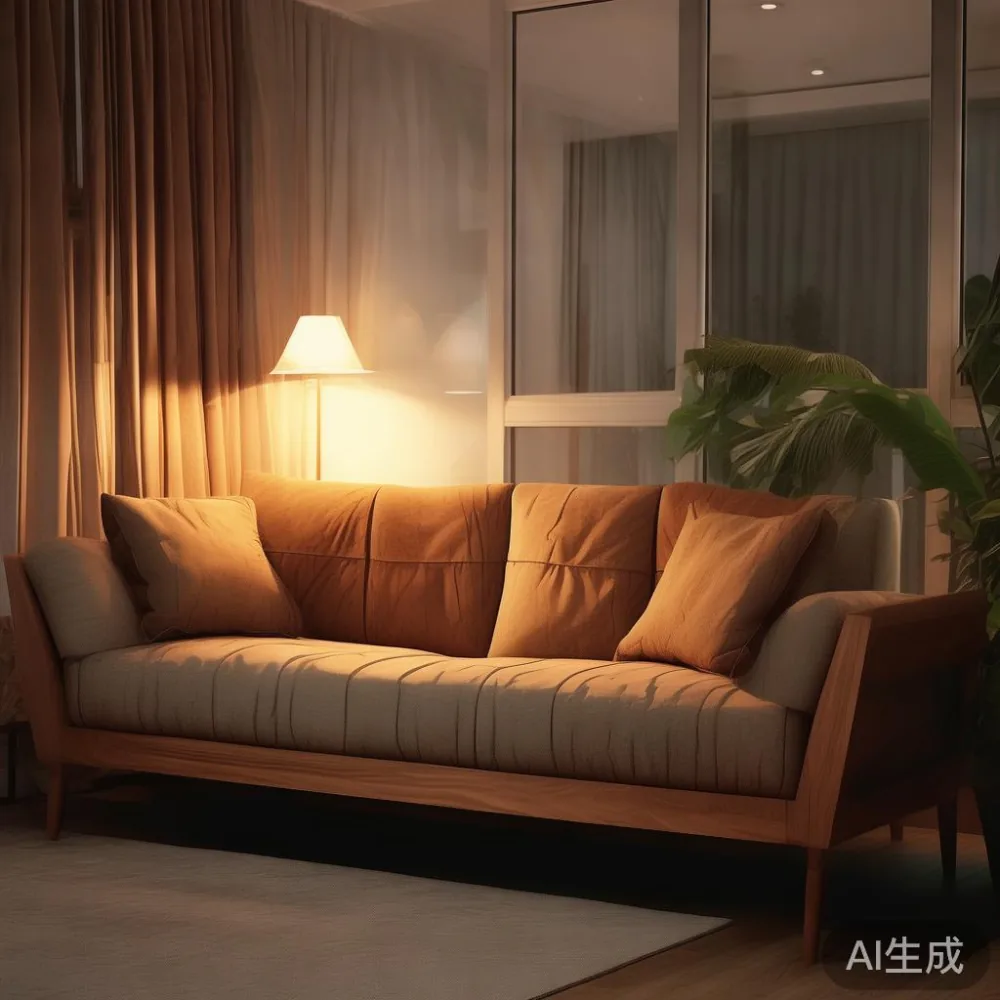 Veneer lwn Kayu Pepejal: Perbandingan Kos 5 Tahun untuk Pemilik Sofa M — room setting at dusk with warm lamp light, film 